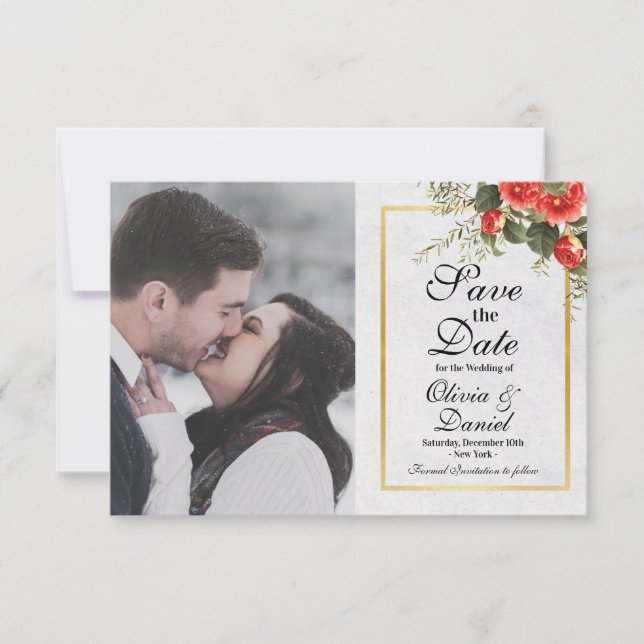 Photo Save The Date Red Gold Christmas Wedding (Front)