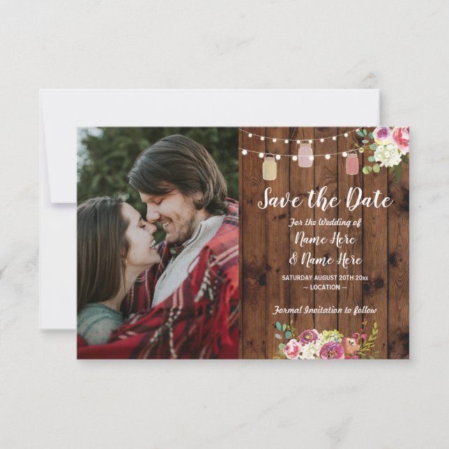 Photo Save The Date Rustic Jar Wood Floral Invite (Front)
