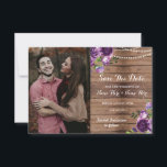 Photo Save The Date Rustic Wood Purple Flowers<br><div class="desc">Purple Flowers Save The Date Rustic,  with string lights,  perfect to let your guests know your event date! Matching item to the Collection! Front and back included.</div>