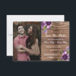 Photo Save The Date Rustic Wood Purple Flowers<br><div class="desc">Purple Flowers Save The Date Rustic,  with string lights,  perfect to let your guests know your event date! Matching item to the Collection! Front and back included.</div>