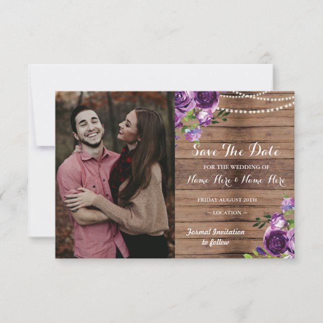 Photo Save The Date Rustic Wood Purple Flowers (Front)