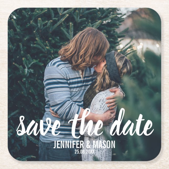 Photo Save The Date Script Handwriting Square Paper Coaster (Front)