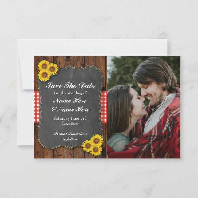 Photo Save The Date Sunflower Red Chalk Wood Card (Front)