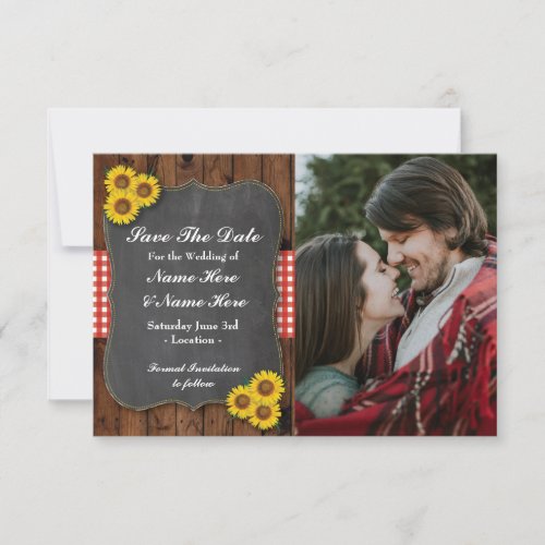 Photo Save The Date Sunflower Red Chalk Wood Card