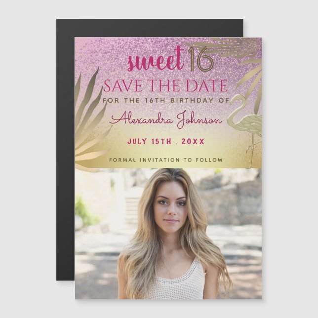 Photo Save The Date Sweet 16 Pink Gold Magnetic Invitation (Front/Back)