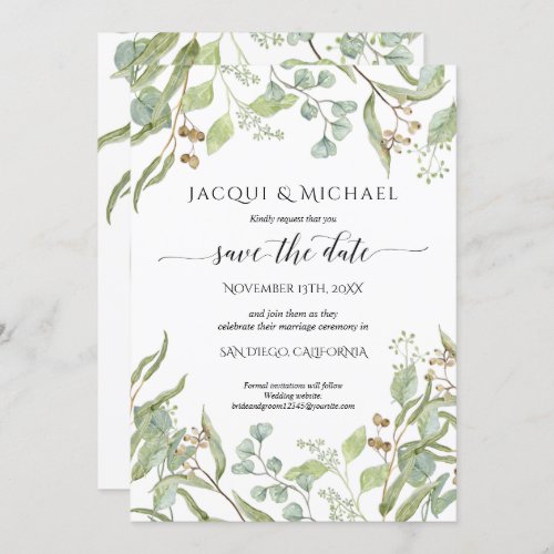 Photo Save the Date Watercolor Eucalyptus Greenery Invitation