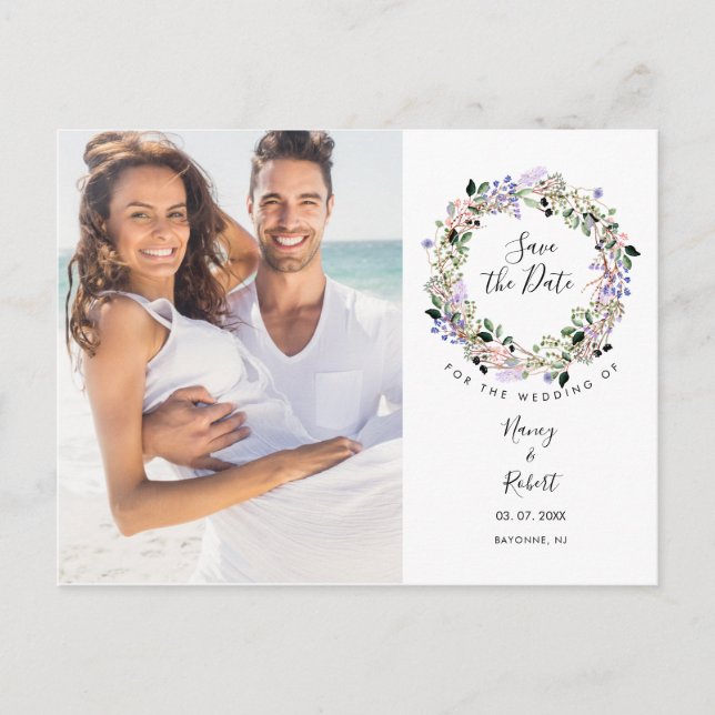 Photo Save the Date Watercolor Floral Garland Postcard (Front)