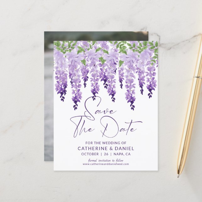Photo Save The Date Watercolor Wisteria Wedding (Front/Back In Situ)