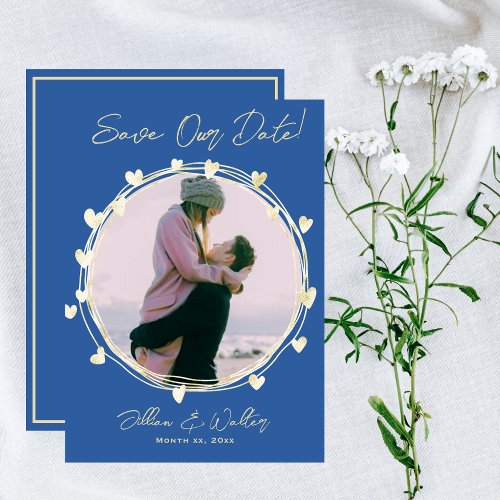 Photo Save The Date Wedding Blue Gold Hearts