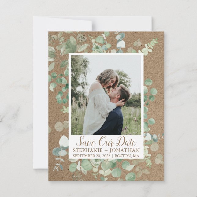 Photo Save the Date with Green Eucalyptus Frame (Front)