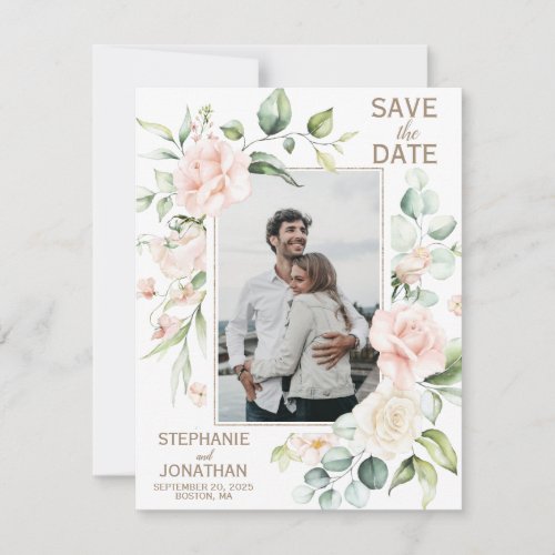 Photo Save the Date with Pink Floral Rose Frame