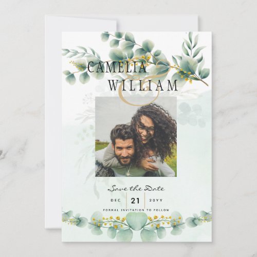 Photo Save the Dates Eucaluptus Gold Modern Invitation