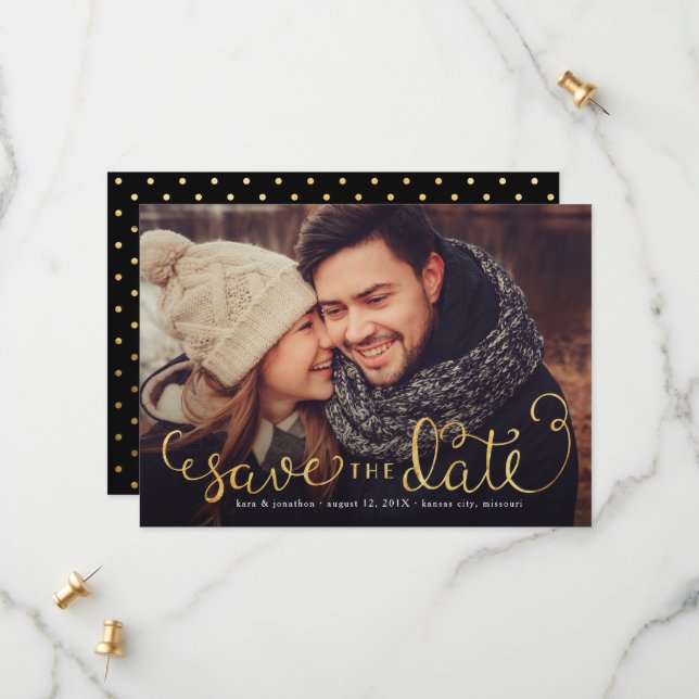 Photo Save the Dates with Faux Gold Foil Script Date (Front/Back In Situ)