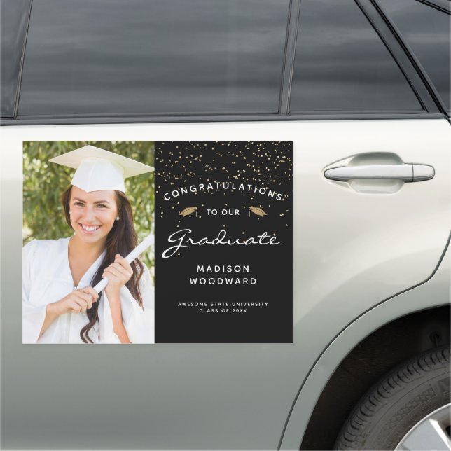 Photo Script Black White Gold Graduation Car Magnet (In Situ)