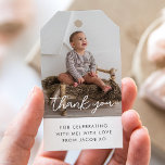 Photo Script Boy Thank You Gift Tags<br><div class="desc">A modern Birthday thank you tag,  featuring your own photo along with 'thank You' in a script font along with your own message underneath. Perfect for adding to favor bags to thank guests for coming to celebrate your little one's Birthday!</div>