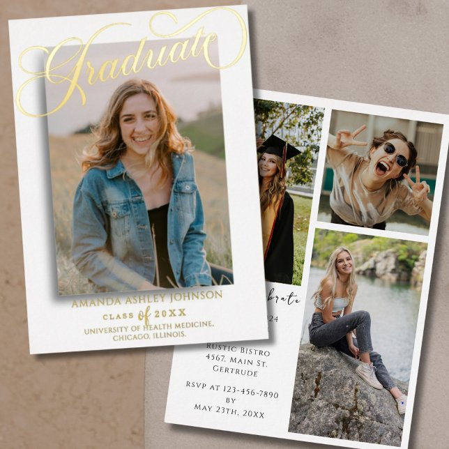  Photo Script Graduate Black White Graduation  Foil Invitation (Creator Uploaded)