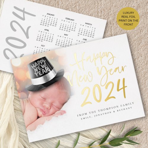 Photo Script Happy New Year 2024 Calendar Real Foil Holiday Card