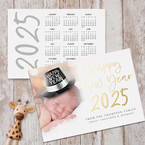 Photo Script Happy New Year 2025 Calendar Real Foil Holiday Card