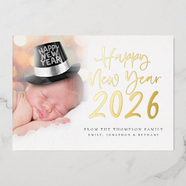 Photo Script Happy New Year 2026 Calendar Real Foil Holiday Card (Front)