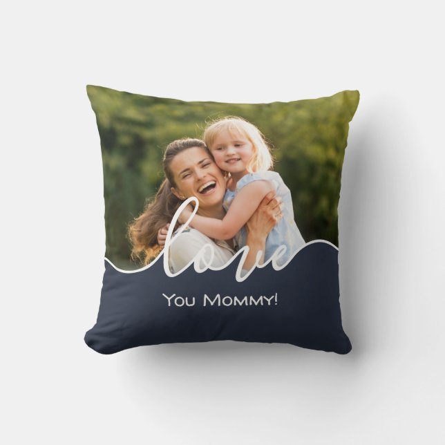 Photo Script Love Mom Throw Pillow (Front)