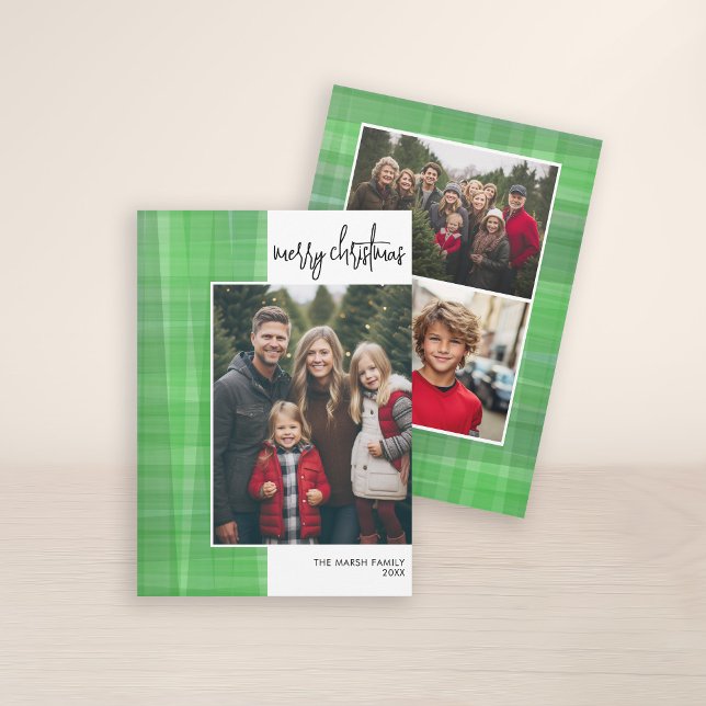 Photo script Merry Christmas Modern Off Center Holiday Card (3 Photo Christmas Card with Plaid Watercolor Pattern - Print and Download Option)