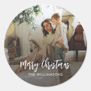 Photo Script Modern Christmas Holiday Classic Round Sticker