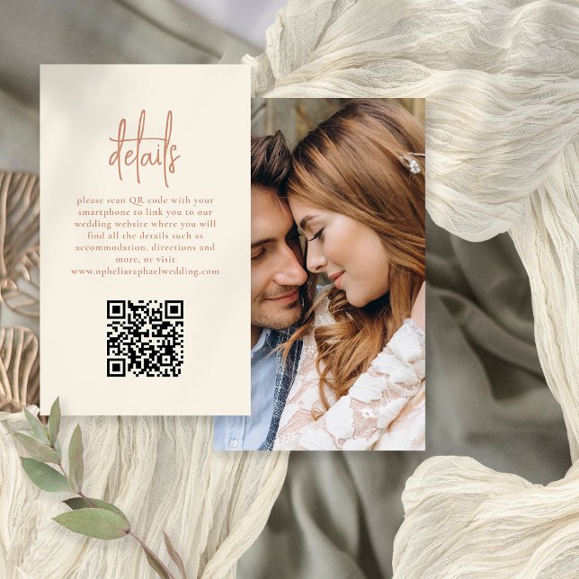 Photo Script QR Terracotta Cream Wedding Details  Enclosure Card (Front and back view)