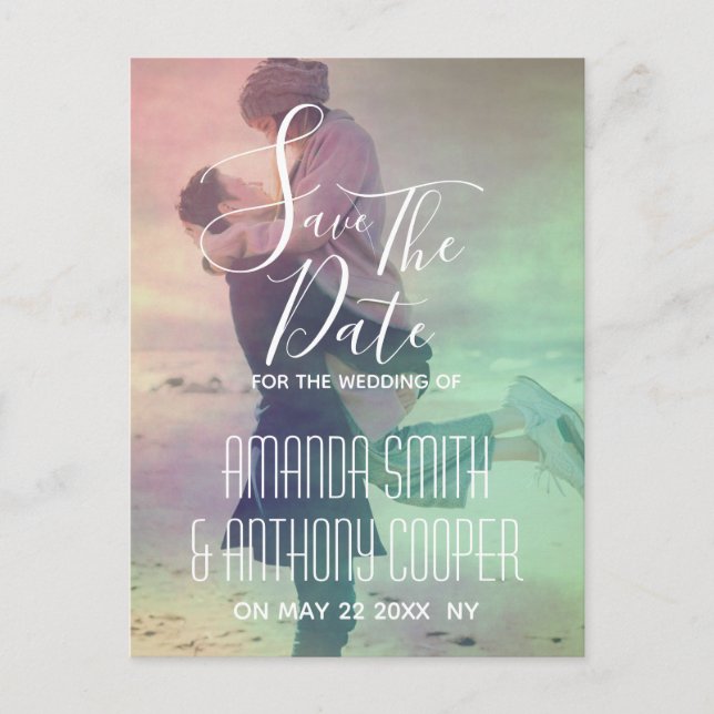Photo script Save the date colorful overlay Invitation Postcard (Front)