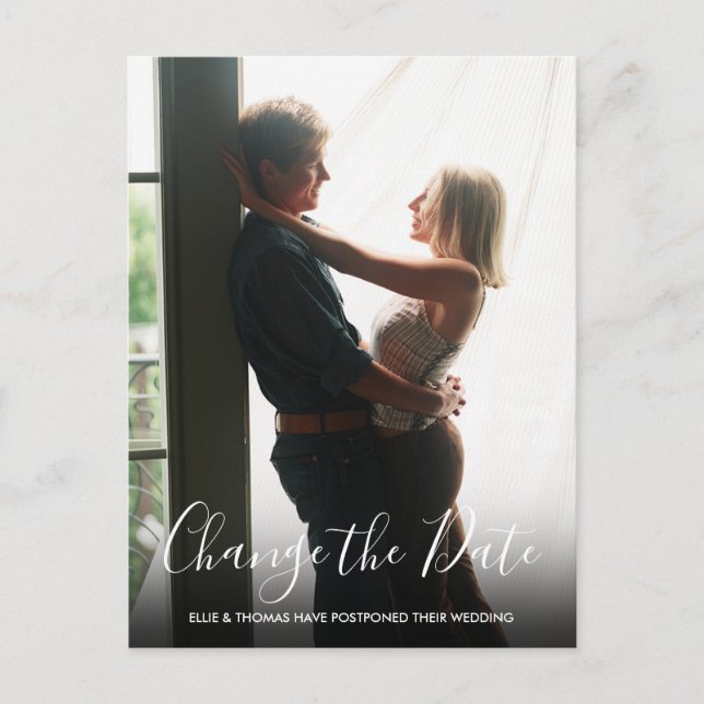 Photo Script Wedding Change the Date Postponed Postcard (Front)