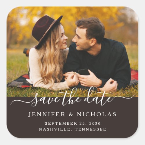 Photo Script Wedding Save The Date Square Sticker
