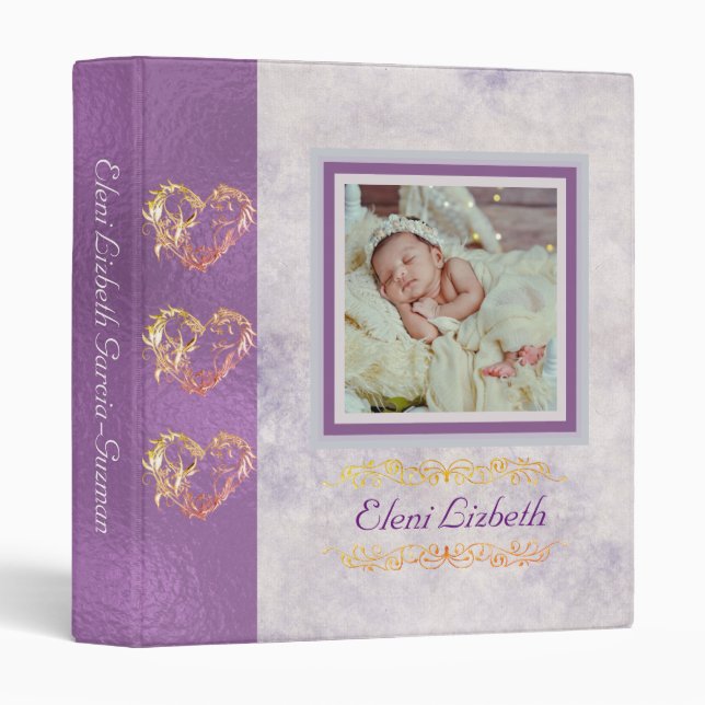Photo & Scroll Hearts - Lilac Baby Binder (Front/Spine)