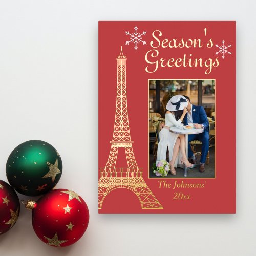 Photo Seasons Greetings Red Couples Christmas Foil Holiday Card