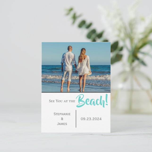 Photo See You at the Beach Script Save the Date Announcement Postcard (Standing Front)