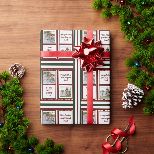 Photo Sentiment Name Red Green Striped Christmas Wrapping Paper (Holiday Gift)