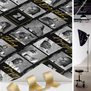 Photo Sequence Any Age Birthday Collage Black Gold Wrapping Paper