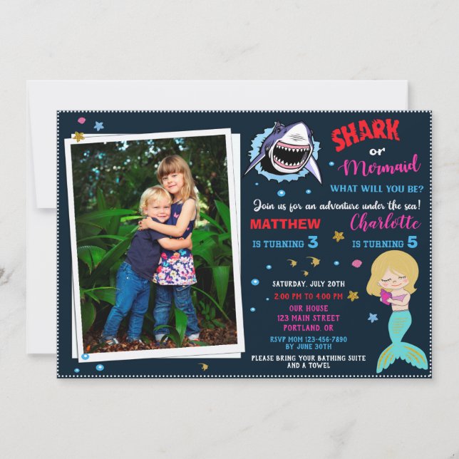 Photo Shark Mermaid birthday invitation Pool party (Front)