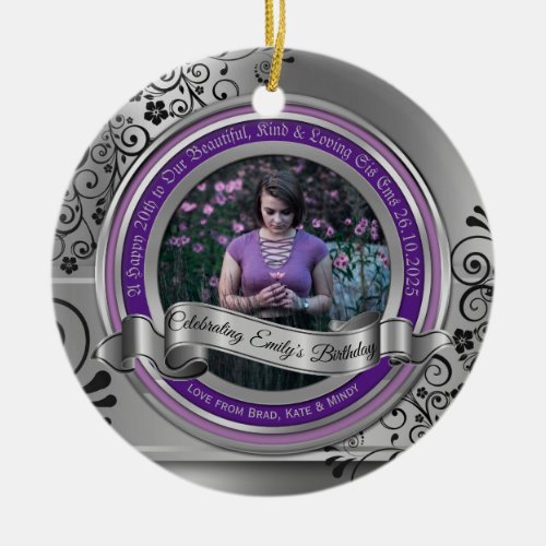 Photo Silver Black Flourish Elegant Banner Purple Ceramic Ornament