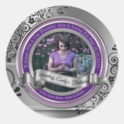 Photo Silver Black Flourish Elegant Banner Purple Classic Round Sticker