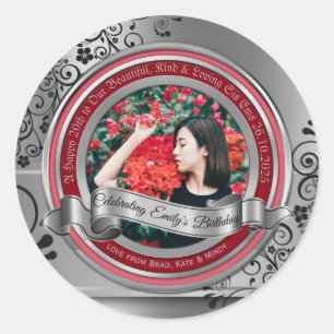 Photo Silver Black Flourish Elegant Banner Red Classic Round Sticker