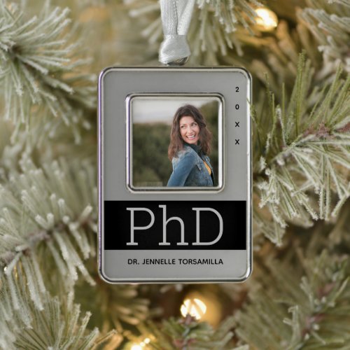 Photo Silver Black Name PhD Graduation Christmas Ornament