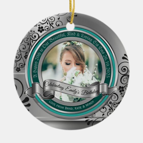 Photo Silver Flourish Elegant Banner Turquoise Ceramic Ornament