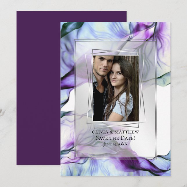 Photo Silver Frame Abstract Plum Teal Flowing Ink Invitation (Front/Back)