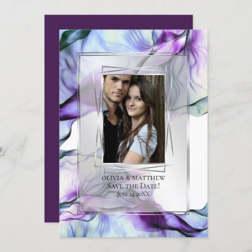 Photo Silver Frame Abstract Plum Teal Flowing Ink Invitation