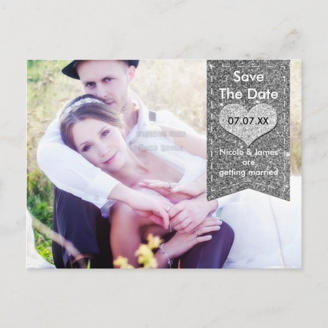 PHOTO Silver GLITTER heart SAVE THE DATE Postcard (Front)