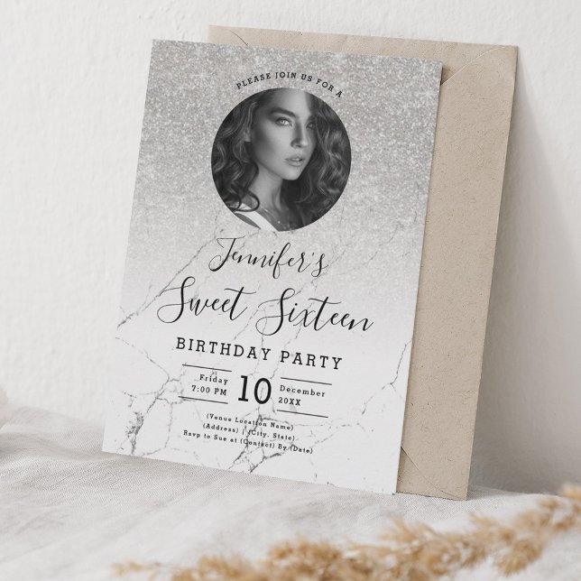 PHOTO Silver Glitter Marble Sweet 16 Party Invitation (PHOTO Silver Glitter Marble Sweet 16 Party Invitation)
