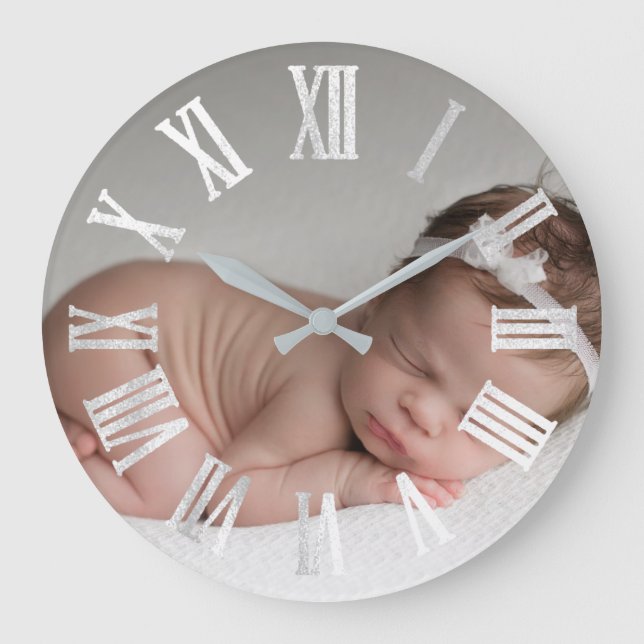 Photo Silver Gray Grey Baby Shower Gift Girl Boy Large Clock (Front)