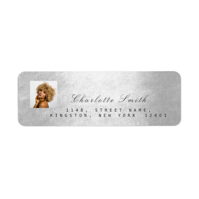 Photo Silver Gray RSVP Adress Name Metallic Minima Label (Front)