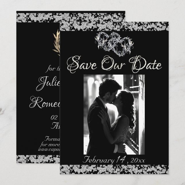 Photo, Silver Hearts & Glitter - Black Save The Date (Front/Back)