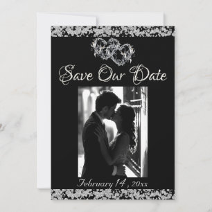 Photo, Silver Hearts & Glitter - Black Save The Date