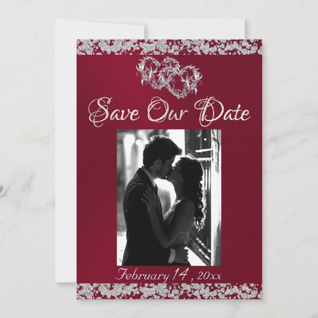 Photo, Silver Hearts & Glitter - Burgundy Save The Date (Front)